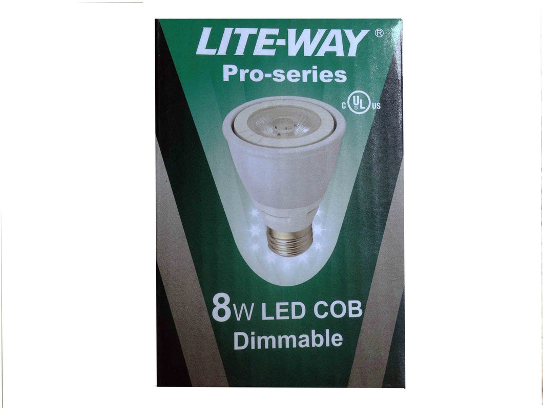 Lite-Way Pro-Series, LED Light Bulb, PAR20, 8W, Warm White, 120V, E26 Base, EA