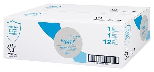 Toilet Paper Tissue Jumbo Roll, Double Layer, Septic Safe, 750' per roll, for HyTech Dispenser, Papernet 410051, Box of 12